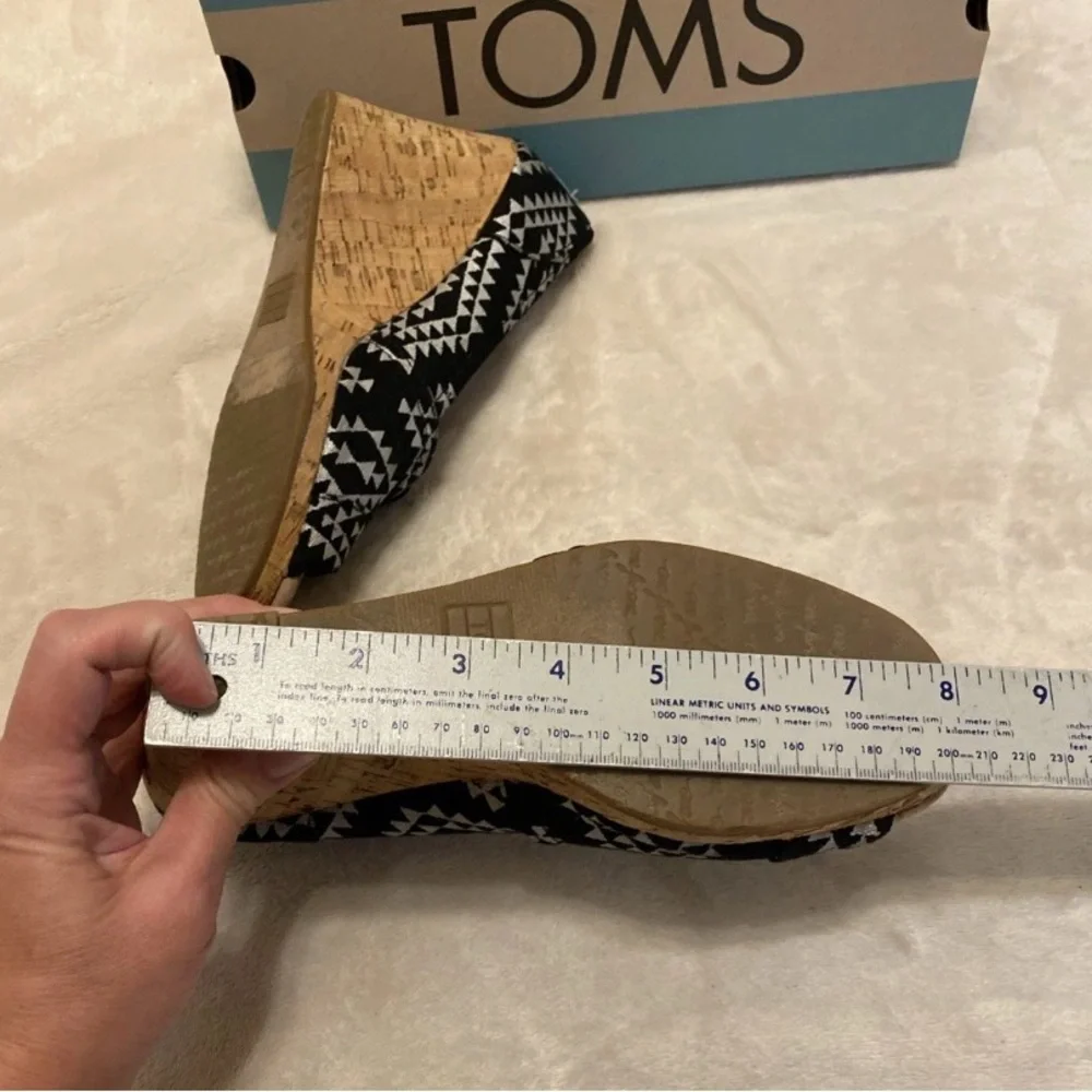 TOMS Black & White Diamond Print Wedge Peep Toe Heels